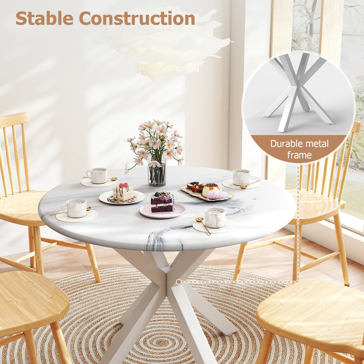 Round Dining Table, 42" Kitchen Dining Table for 4-6, Small Round Table with Metal Cross Legs, Modern Round Dining Room Table for Kitchen, Apartment, Living Room, White Marble