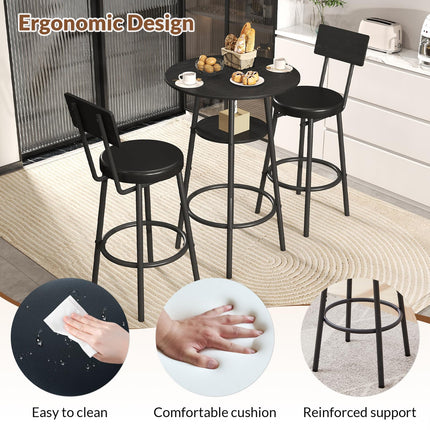 3 Pieces Round Bar Table Set, Small Dining Table for 2, Black Kitchen Bar Table, Breakfast Table with Storage, 2 Thickened Cushion Stools with Backrest for Dining Room & Bistro-Black