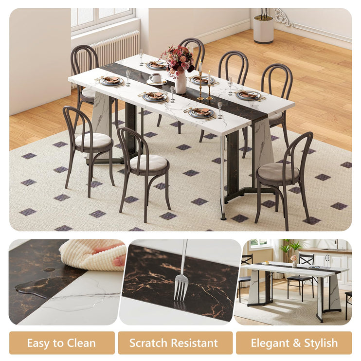 70.9" Large Dining Table for 8, Wood Dining Table for 6-8, Farmhouse Kitchen Table with Spacious Tabletop & V-Shaped Steel Base, 8 Adjustable Legs for Kitchen, Office, Dining Room-White