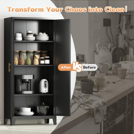 61" H Metal Kitchen Pantry Cabinet, Freestanding Cupboard with 2 Doors and 3 Adjustable Shelves, Tall Metal Storage Cabinet for Kitchen, Bathroom, Dinning Room or Laundry Room （Black）