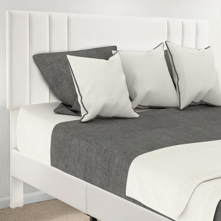 Upholstered Bed Frame King, PU Leather Upholstered Bed Frame with Headboard, Mattress Foundation with Sturdy Wooden Slats, No Box Spring Needed, No Noise, White