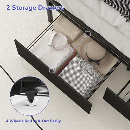 Full Bed Frame with 2 Storage Drawers, Bed Frame Full Size with Headboard, LED Light, Charging Station with 2 USB Ports & 2 AC Ports, Noiseless, Black