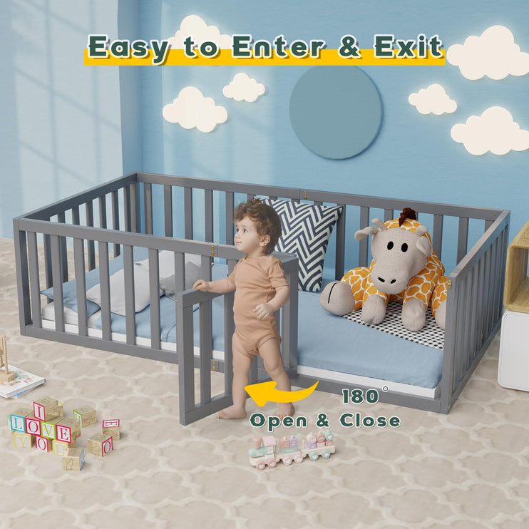 Queen Size Floor Bed for Kids & Children, Queen Montessori Floor Bed with Safety Guardrails and Door, Wood Floor Beds Frame for Boys and Girls, Easy Assembly(Grey)