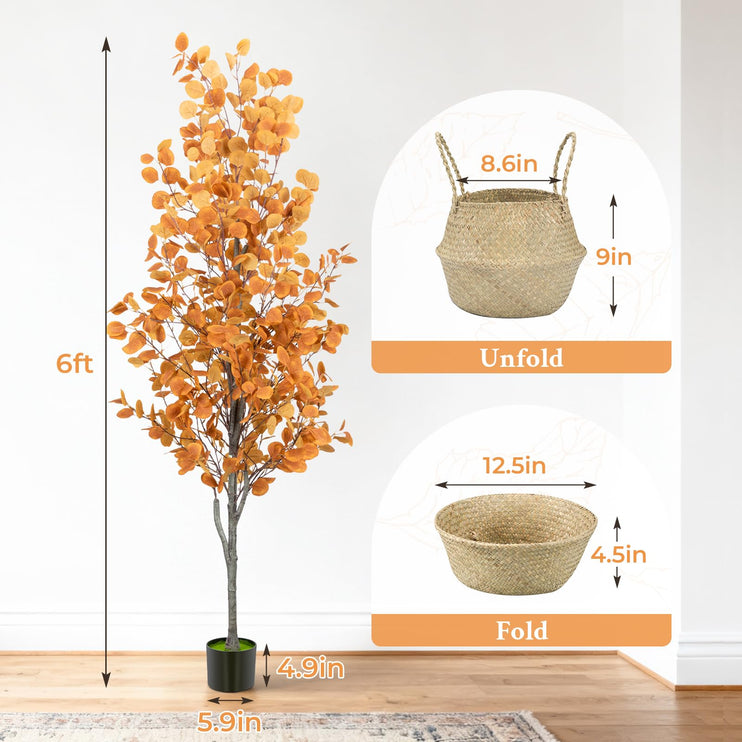 6FT Artificial Eucalyptus Tree with Wicker Basket & Black Pot, Indoor Green Faux Eucalyptus Trees, Fake Eucalyptus Plants with Lifelike Leaves & Natural Trunk for Home Office Bedroom, 1 Pack