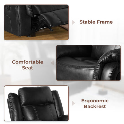 Leather Manual Recliner Sofa Set, 1, 2, 3 Seat Reclining Chairs with Adjustable Angles, Center Console, Hidden Storage & Cup Holders, Modern Reclining Furniture for Living Room & Bedroom, Black