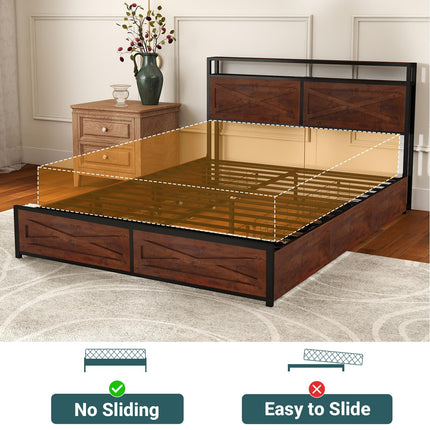 Full Size Storage Bed Frame with 6 Underbed Drawers, Full Platform Bed Frames with Charger & LED Lights, Metal Slats & Wooden Headboard, Easy Assembly, Reddish Brown
