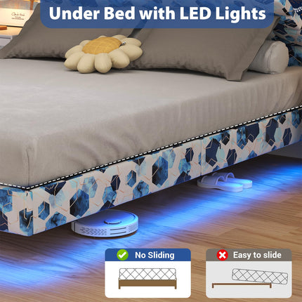 Floating Queen Bed Frame with Storage, Upholstered Platform Bed Frame Queen with LED Lights, Floating Bed Frame with Headboard, Charging Station with USB Ports, No Noise, Blue