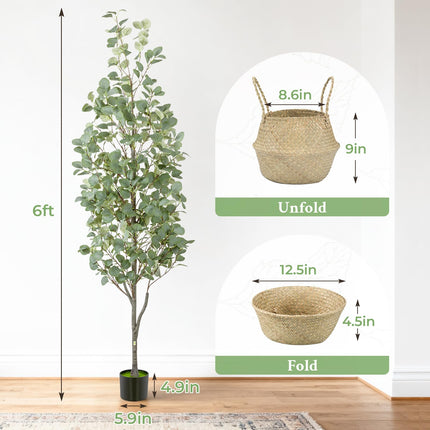 6FT Artificial Eucalyptus Tree with Wicker Basket & Black Pot, Indoor Green Faux Eucalyptus Trees, Fake Eucalyptus Plants with Lifelike Leaves & Natural Trunk for Home Office Bedroom, 1 Pack