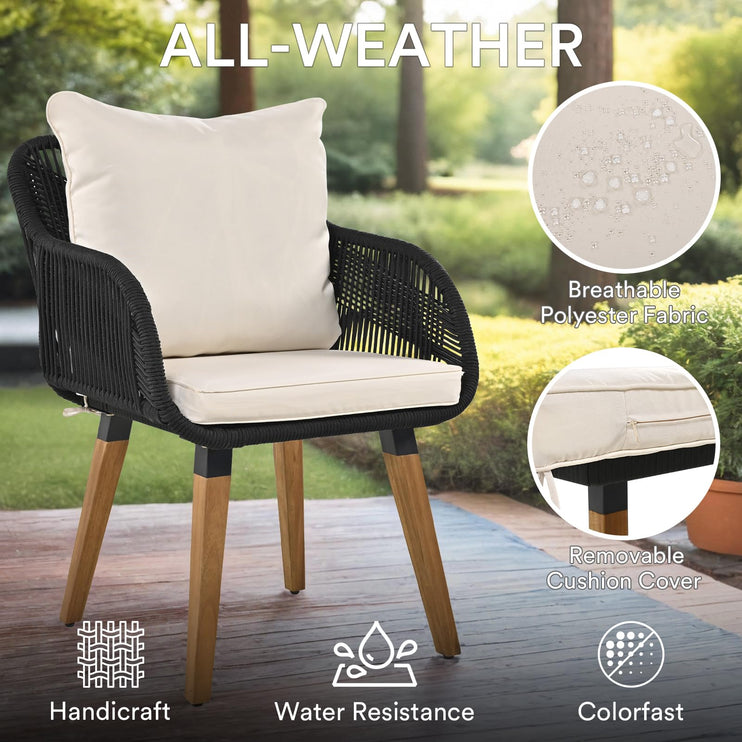 5 Piece Rope Patio Furniture Set, All-Weather Conversation Sets for Backyard with Handwoven Armchairs, Ottomans, Pop-Up Cool Bar Wicker Table, Beige