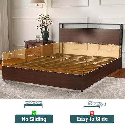 Full Size Bed Frame with 4 Storage Drawers, Full Platform Bed Frames with 2 Tier Storage Headboard, Charging Station, Adjustable LED Light, Noise-Free, No Box Spring Required, Reddish Brown