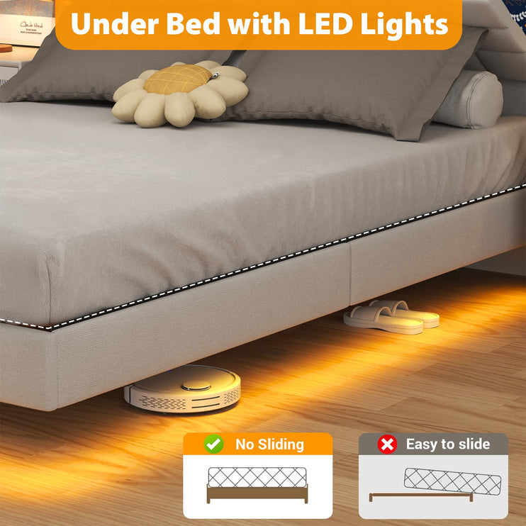 Floating King Bed Frame with Storage Headboard, Upholstered Platform Floating Bed Frame King with LED Lights, Charging Station with USB Ports, Noiseless, White
