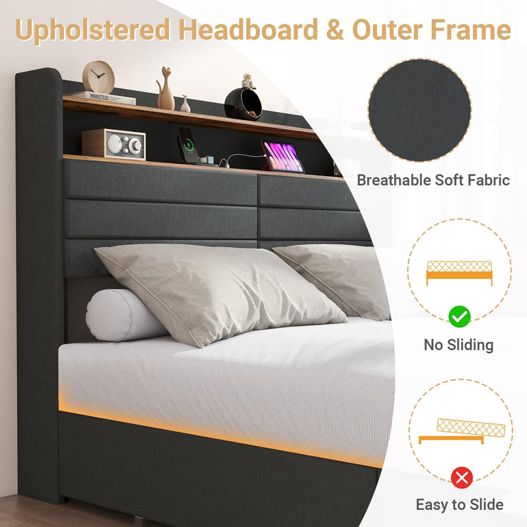 Queen Bed Frame with 4 Storage Drawers, Queen Size Upholstered Bed Frame with Headboard, LED, Charging Station with USB Ports & AC Outlets, Sturdy Metal Slat Support, Noiseless, Gray