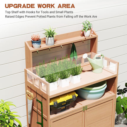 Outdoor Potting Bench Table for Outside, Solid Fir Wood Garden Horticultural Planting Workstation with Large Storage Cabinet and Top Shelf for Gardening, Patio, Backyard