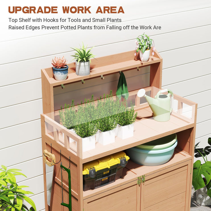 Outdoor Potting Bench Table for Outside, Solid Fir Wood Garden Horticultural Planting Workstation with Large Storage Cabinet and Top Shelf for Gardening, Patio, Backyard