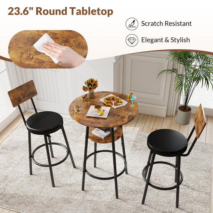 3 Pieces Round Bar Table Set, Small Dining Table for 2, Modern Kitchen Bar Table, Breakfast Table with Storage, 2 Thickened Cushion Stools with Backrest for Dining Room, Bistro-Brown