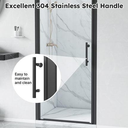 Adjustable 34-35.5" W x 75" H Semi-Frameless Pivot Shower Door, 1/4" (6mm) Clear Tempered Glass Shower Door, Pivot Swing Shower Glass Door, Reversible Installation, Black