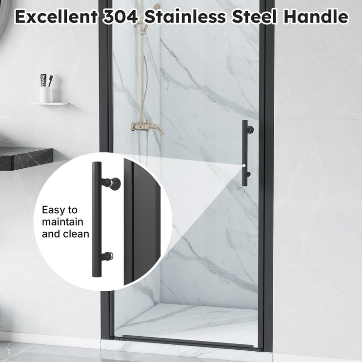 Adjustable 34-35.5" W x 75" H Semi-Frameless Pivot Shower Door, 1/4" (6mm) Clear Tempered Glass Shower Door, Pivot Swing Shower Glass Door, Reversible Installation, Black
