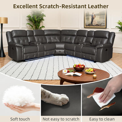 Power Leather Reclining Sofa with LED, Leather Couch with USB Port & Cup Holder/Storage Console for Living Room, Modern Power Recliner Sofa Sets with 2 Recliner Sectional, Brown