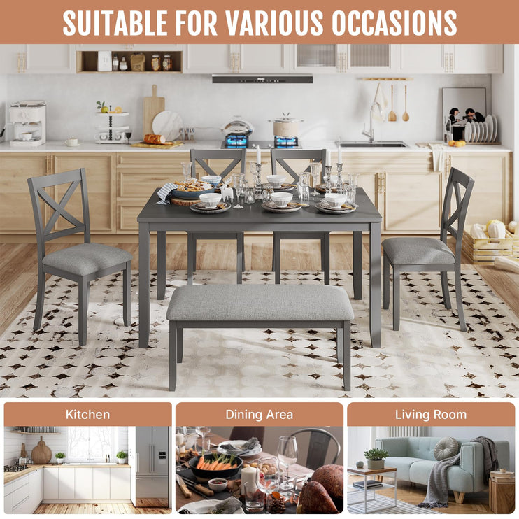 6-Piece Wooden Dining Table Set, Dining Table Set for 6, Including 1 Dining Table, 4 Upholstered Chairs and 1 Bench, Wooden Legs Dining Table, Table Set for Dining Room, Grey
