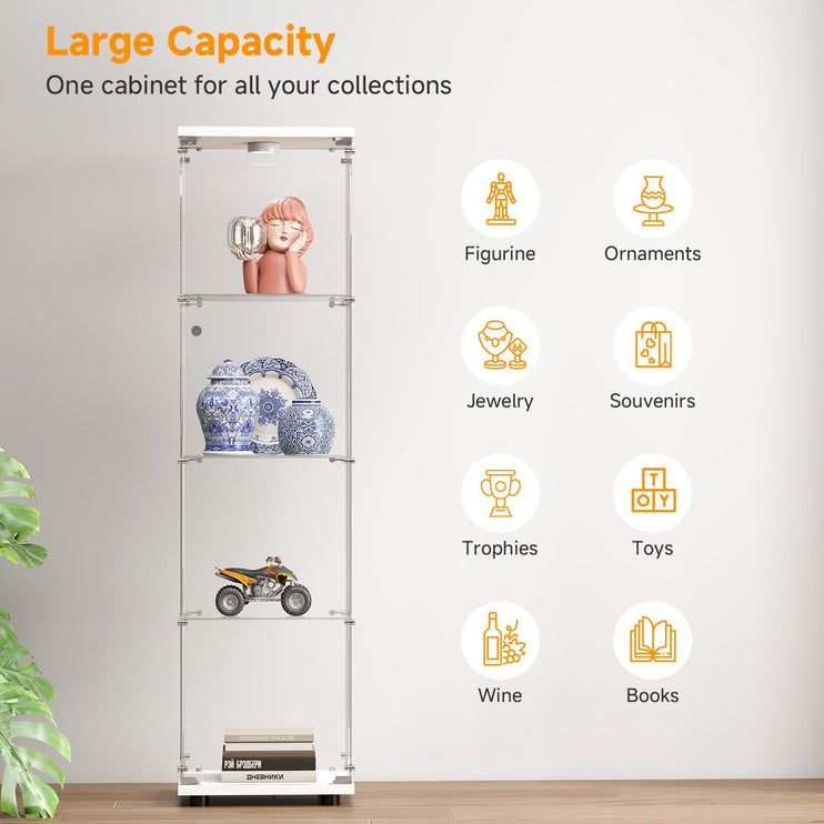 Tempered Glass Display Cabinet with Lights, 4-Tier Curio Cabinet with Glass Doors and Lock, Glass Display Case for Collectibles, for Living Room, Office, Bedroom, Single Door, White