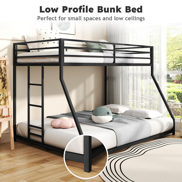 Twin Over Full Size Bunk Bed, Metal Low Profile Bunkbeds with Full-Length Guardrail and Ladder, Space Saving, No Boxing Spring Needed, Black