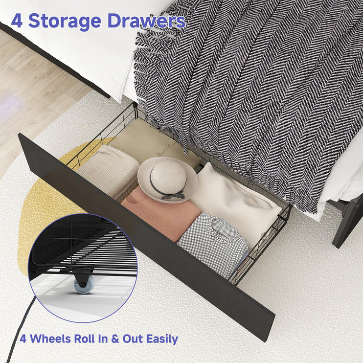 Queen Bed Frame with 4 Storage Drawers, Queen Size Bed Frame with Headboard, LED, Charging Station with USB Ports & AC Outlets, Sturdy Metal Slat Support, No Noise, Black