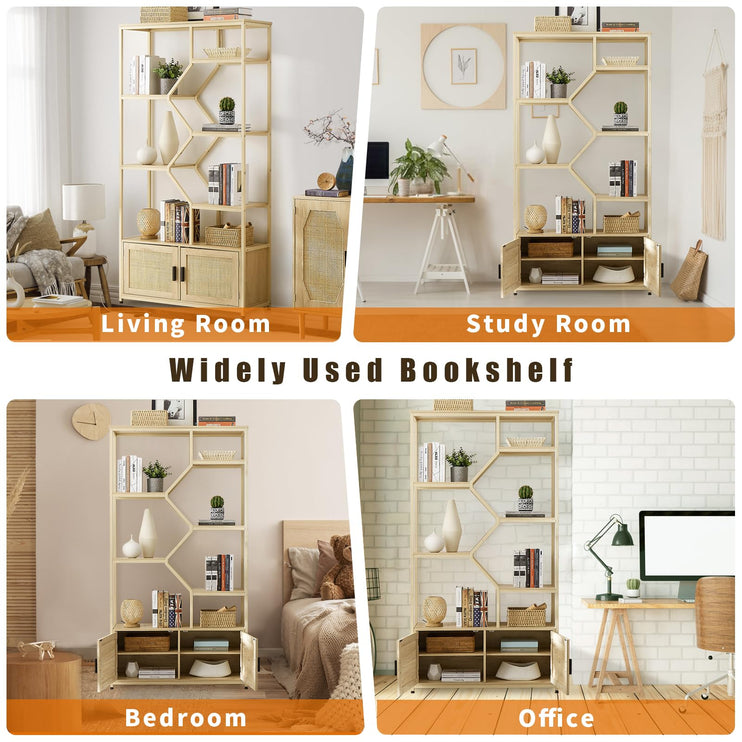 7 Tier Tall Rattan Bookshelf - Modern Open Display Book Shelf & Bottom Cabinet with Door for CDs/Movies/Books, Large Wood Book Case Storage Organizer for Bedroom Home Office Living Room