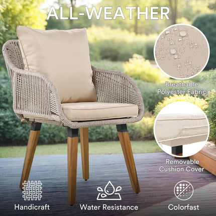 5 Piece Rope Patio Furniture Set, All-Weather Conversation Sets for Backyard with Handwoven Armchairs, Ottomans, Pop-Up Cool Bar Wicker Table, Beige