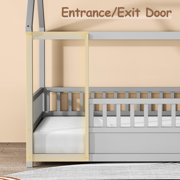 Twin House Bed for Kids, Wooden Montessori Bed with Fence and Roof for Toddlers, Kids Floor Bed Frame for Girls & Boys, Twin Grey