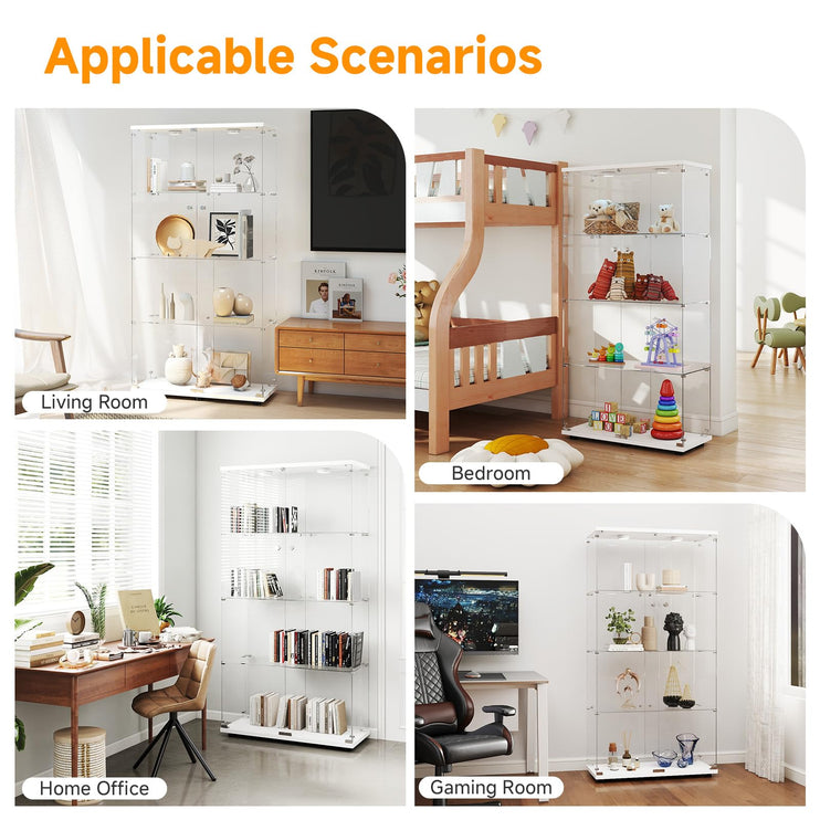 Tempered Glass Display Cabinet with Lights, 4-Tier Curio Cabinet with Glass Doors and Lock, Glass Display Case for Collectibles, for Living Room, Bedroom, Office, Double Door, White