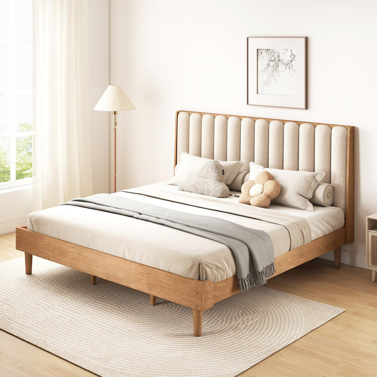 Wood Queen/King Bed Frame with Piano Key Style Upholstered Headboard, Sturdy Solid Wood Framework & Wooden Slat Support, No Box Spring Required, Wheat