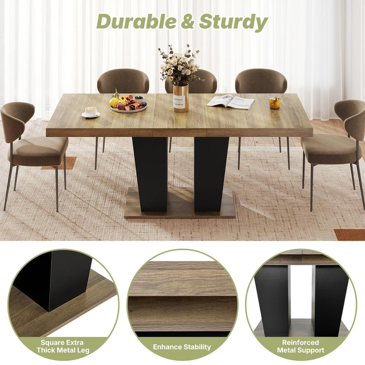 63"-78.7" Expandable Dining Table, 6-10 Rectangle Table, Extendable Console Table, Wooden Farmhouse Kitchen Table with Metal Track & Dual Column Base for Living, Office-Brown