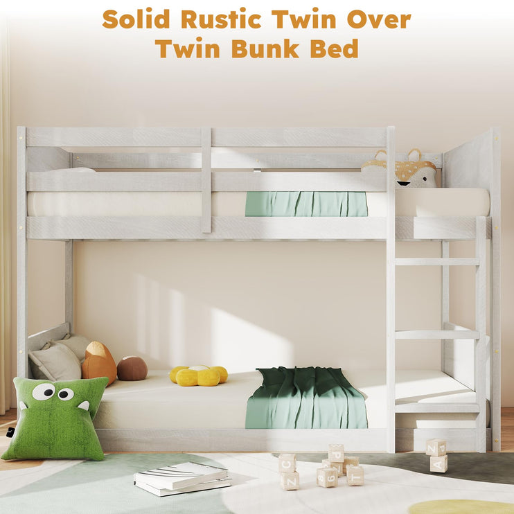 Wooden Bunk Bed Twin Over Twin, Low Bunk Bed, Solid Rubberwood Bed Frame with Built-in Ladder, Floor Bunk Bed for Bedroom, Space Saving, No Box Spring Needed, Antique White