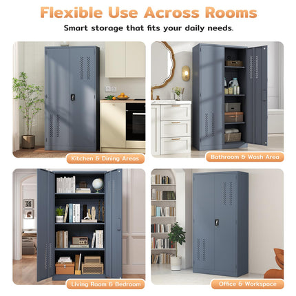 72" H Metal Storage Cabinet, Garage Storage Cabinet with 2 Doors and 4 Adjustable Shelves, Tall Lockable Cabinet for Kitchen, Office, Home or Garage（Grey）