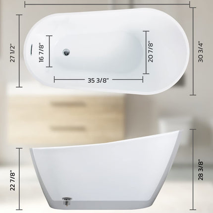 Freestanding Bathtub, 55 inch Acrylic Free Standing Soaking Bathroom Tub with Brushed Nickel-Finished Overflow and Anti-Clogging Drain, Easy Installation