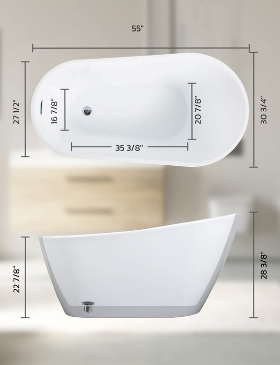 Freestanding Bathtub, 55 inch Acrylic Free Standing Soaking Bathroom Tub with Brushed Nickel-Finished Overflow and Anti-Clogging Drain, Easy Installation