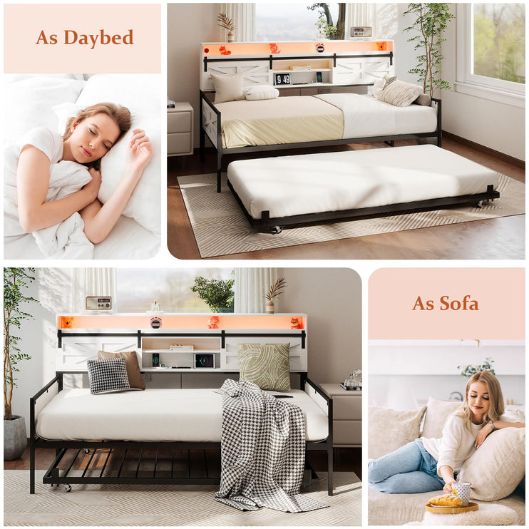 Twin Daybed with Trundle Bed, Rustic Farmhouse Daybed Frame with Sliding Barn Door Headboard LED Lights and Charging Station, Heavy Duty Metal Daybed for Bedroom Living Room Guest Room White