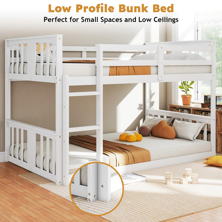 Wooden Low Bunk Bed Twin Over Twin, Solid Pine Bed Frame with Built-in Ladder, Convertible Bed Frame That Separates into 2 Twin Beds, Floor Bunk Bed for Small Spaces, Bedroom, White