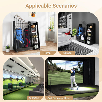 Wooden Golf Bag Organizer and Storage Rack, 2 Golf Bag Storage Rack with Wheels, Golf Storage Organizer for Garage, Suitable for Garage Home Golf Club, Black