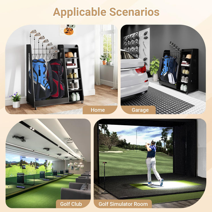 Wooden Golf Bag Organizer and Storage Rack, 2 Golf Bag Storage Rack with Wheels, Golf Storage Organizer for Garage, Suitable for Garage Home Golf Club, Black