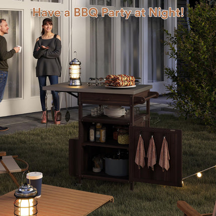 Outdoor Grill Cart with Drop Leaf, Stainless Steel Tabletop Outdoor Kitchen Island, Solid Wood Outdoor Buffet Cabinet with Drawer, Towel Rack, Lockable Wheels for Grilling, Brown/Light Wood Color/Gray-blue