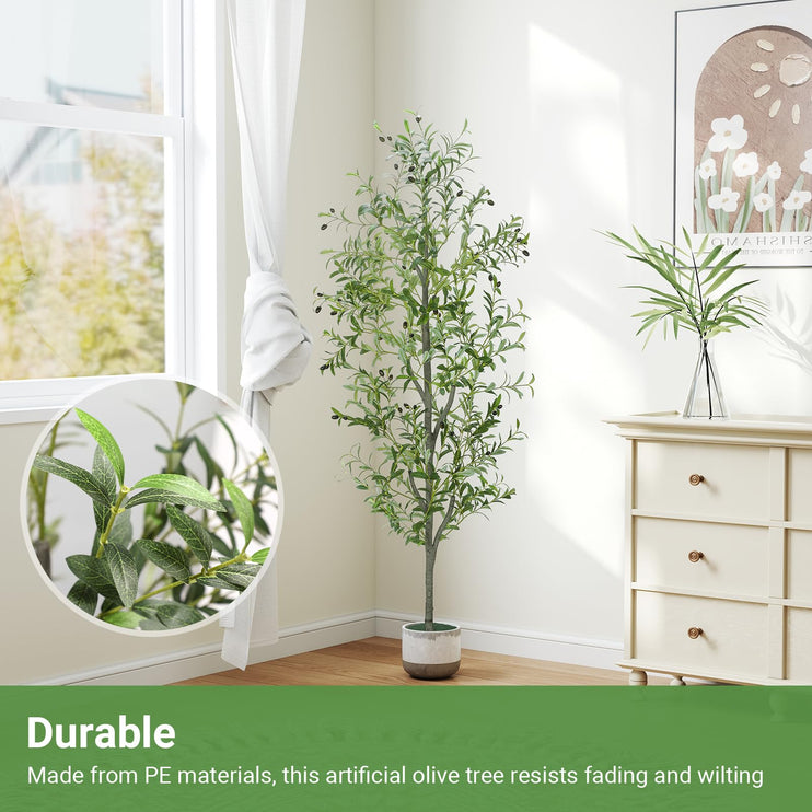 6 FT Faux Olive Tree Indoor, Tall Artificial Silk Olive Tree 6 FT, Large Indoor Fake Olive Trees with Realistic Leaves, Branches, Fruits, Faux Olive Trees Artificial Plants for Home (6 Feet)