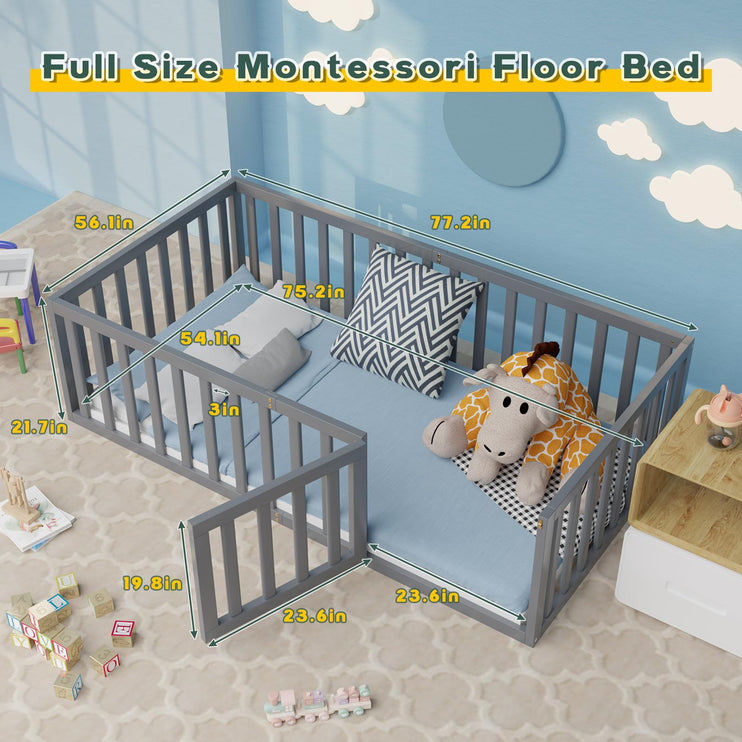 Full Size Kids Bed with Safety Guardrails and Door, Montessori Floor Bed for Boys and Girls, Easy Assembly (Grey)