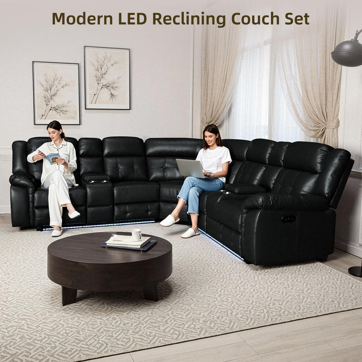 Power Leather Reclining Sofa with LED, Leather Couch with USB Port & Cup Holder/Storage Console for Living Room, Modern Power Recliner Sofa Sets with 2 Recliner Sectional, Brown