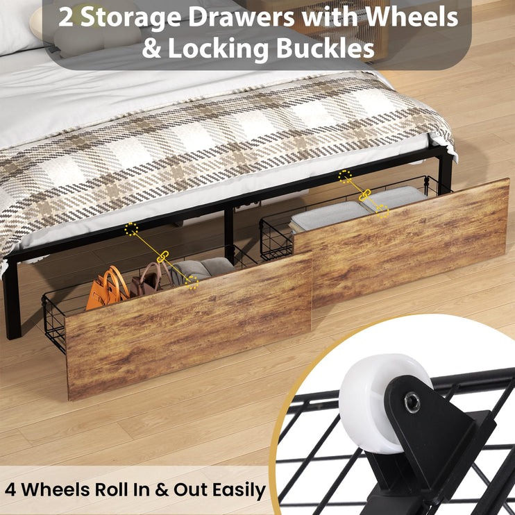 Queen Bed with Storage Shelf, Queen Bed with LED Lights, Charging Station & Drawers, Queen Size Bed with Upholstered Headboard, No Noise, Black and Brown
