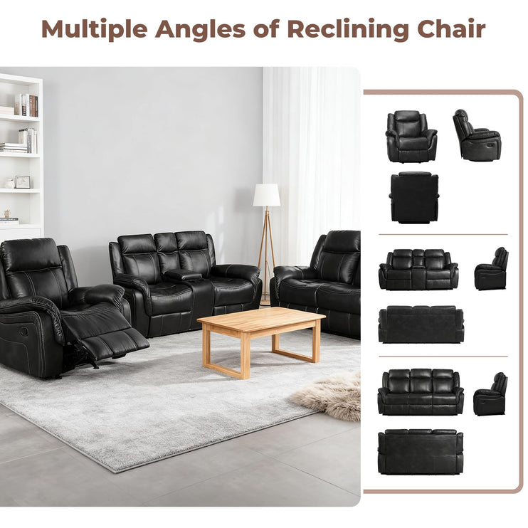 Leather Manual Recliner Sofa Set, Reclining Sofa Chair with Adjustable Angle, Living Room Furniture Sets, Includes Single Recliner Chair and Loveseat Sofa, Black