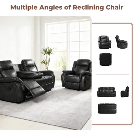 Leather Manual Recliner Sofa Set, Reclining Sofa Chair with Adjustable Angle, Living Room Furniture Sets, Includes Single Recliner Chair and Loveseat Sofa, Black