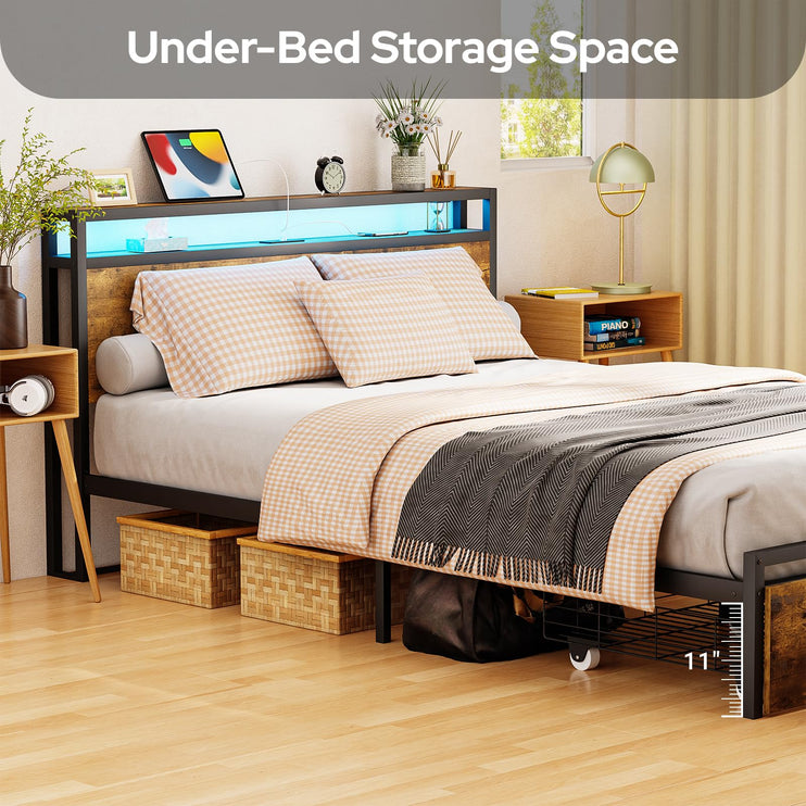 Queen Bed Frame with Storage Drawers, Bed Frame Queen Size with Headboard, LED Light, Charging Station with 3 USB Ports & 1 Type-C Port, No Noise, Rustic Brown