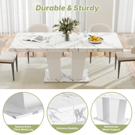 63"-78.7" Expandable Dining Table, 6-10 Farmhouse Kitchen Table, Extendable Console Table, Wooden Farmhouse Kitchen Table with Metal Track & Dual Column Base for Dining Room, Office-White