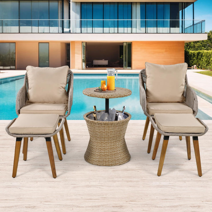5 Piece Rope Patio Furniture Set, All-Weather Conversation Sets for Backyard with Handwoven Armchairs, Ottomans, Pop-Up Cool Bar Wicker Table, Beige